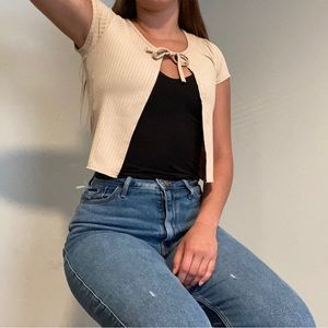 Tan Ribbed Tie Across Crop Top